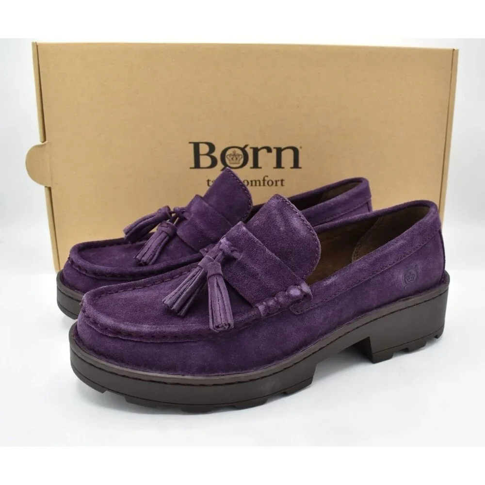 Born‎ Womens Size 7 Capri Tassel Purple Suede Platform Loafers